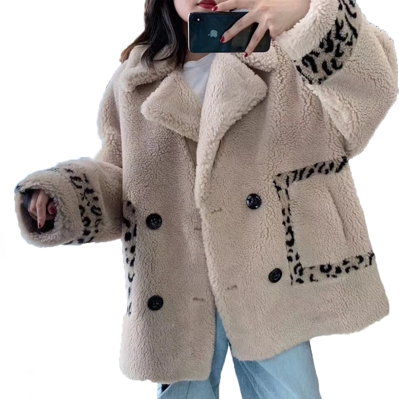 

Sheep Fur Coat Leopard Winter Jacket Women Thick Warm Pocket Short Fur Coat