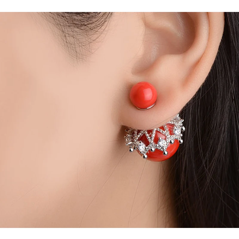 

1 Pair Earrings Stud New Fashion Red/White Double-sided Pearl Crystal Rhinestone Material Earrings Jewelry For Ladies/Girls