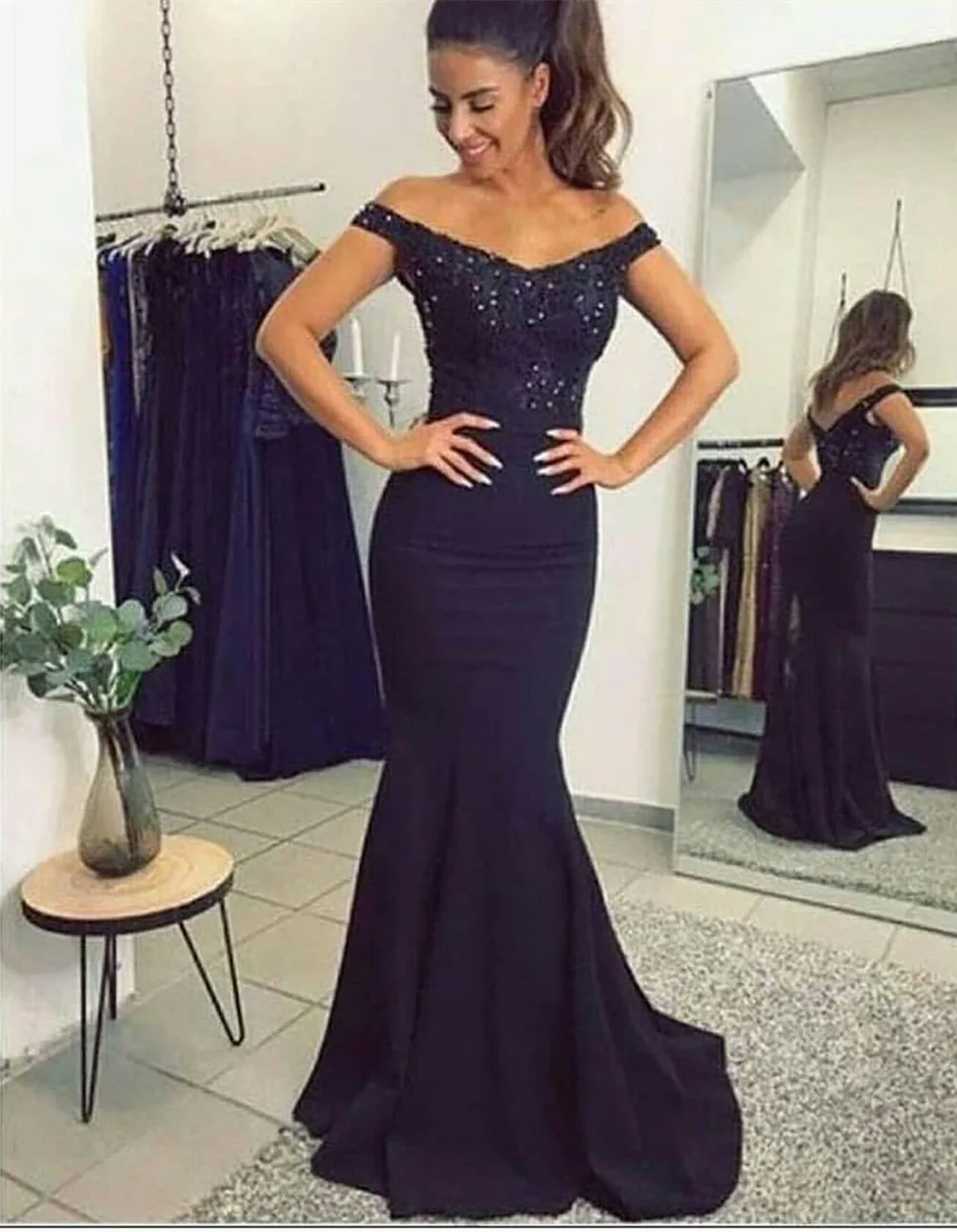 navy long gown