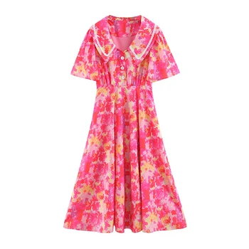 

Chu Sau beauty Sweet Chic Floral Print Midi Dress Women New Preppy Style Hollow Out Turn-down Collar Dresses Vestidos De Verano