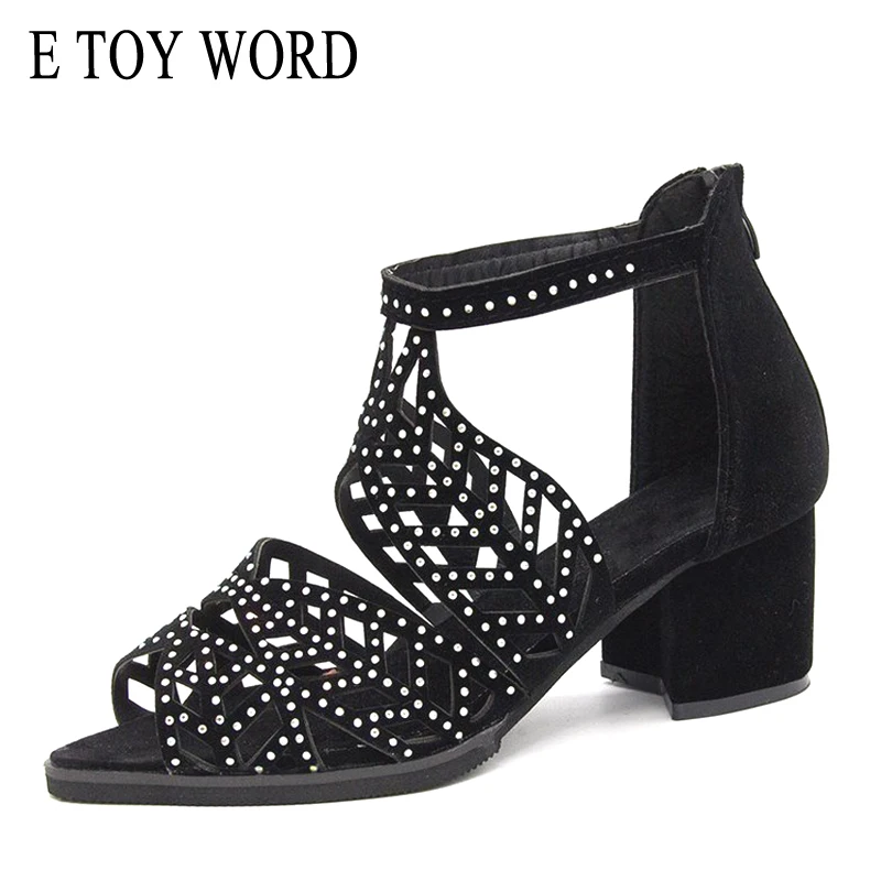 

E TOY WORD Women Sandals 2019 New Summer Suede Fashion Rhinestone Ladies Gladiator Shoes Thick heels sandals Women Shoes