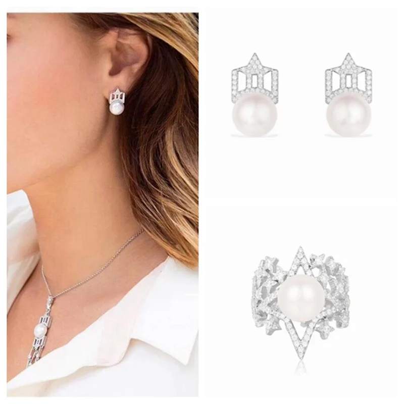 

Luxury Hollow Festival Freshwater Pearl Finger Ring Stud Earring jewelry Set 925 Sterling Silver Shield Women Wedding Jewelry