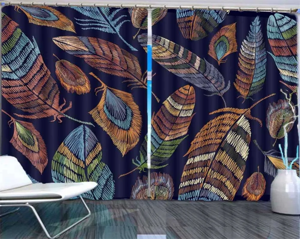

Colored feathers on a black background 3D Curtains For Bedroom Kids Living Room Drapes Fabric Polyester Set with Hooks