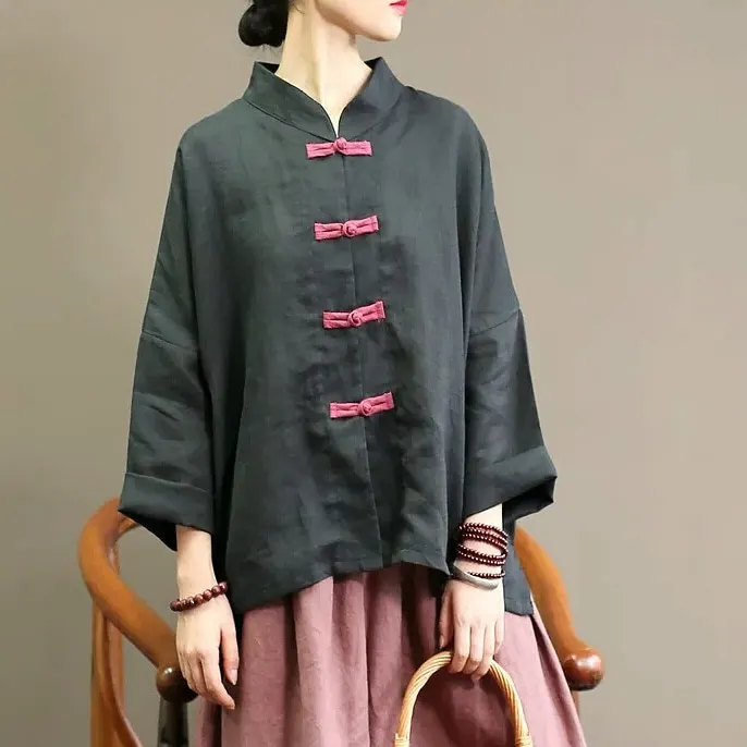 

Autumn New Women Retro Wild Ramie Classic Loose Hit Color Plate Buttons Stand Collar Shirt