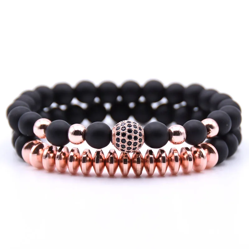 HYHONEY 2pc/sets Micro Pave CZ 10mm Disco Ball Charms Bracelets for women 8mm Matte beads stone Bracelet men jewelry bileklik