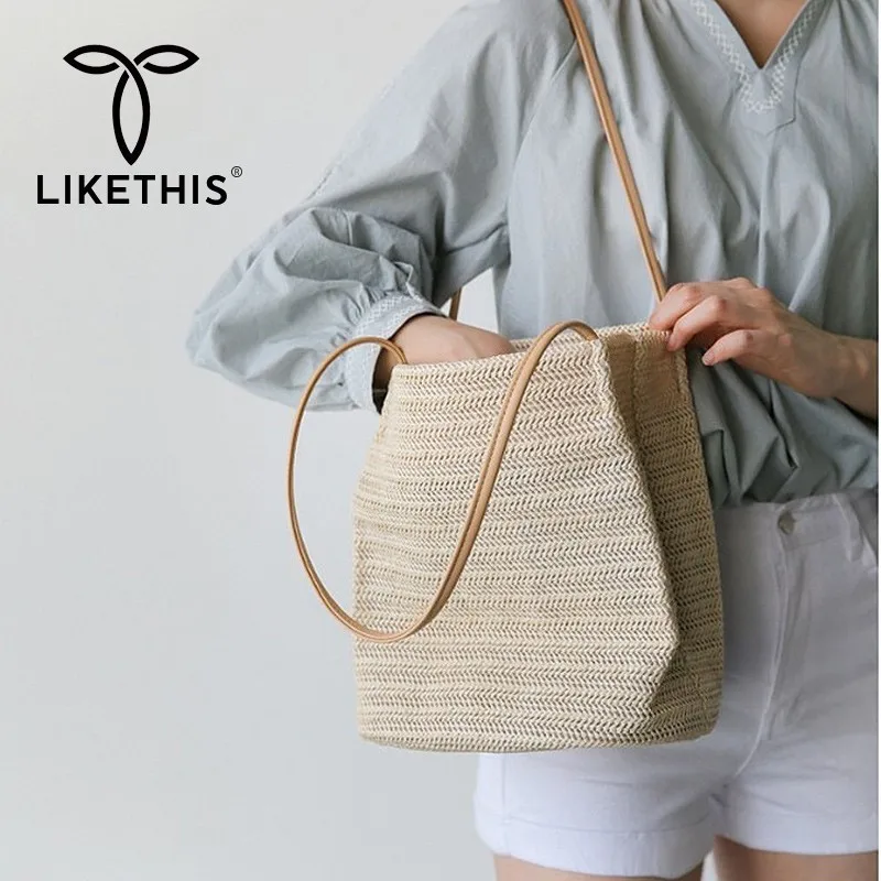 

LIKETHIS New Women Handbag Beach Bag Rattan Woven Handmade Shopper Knitted Straw Large Capacity Totes Shoulder Bag Travel Female