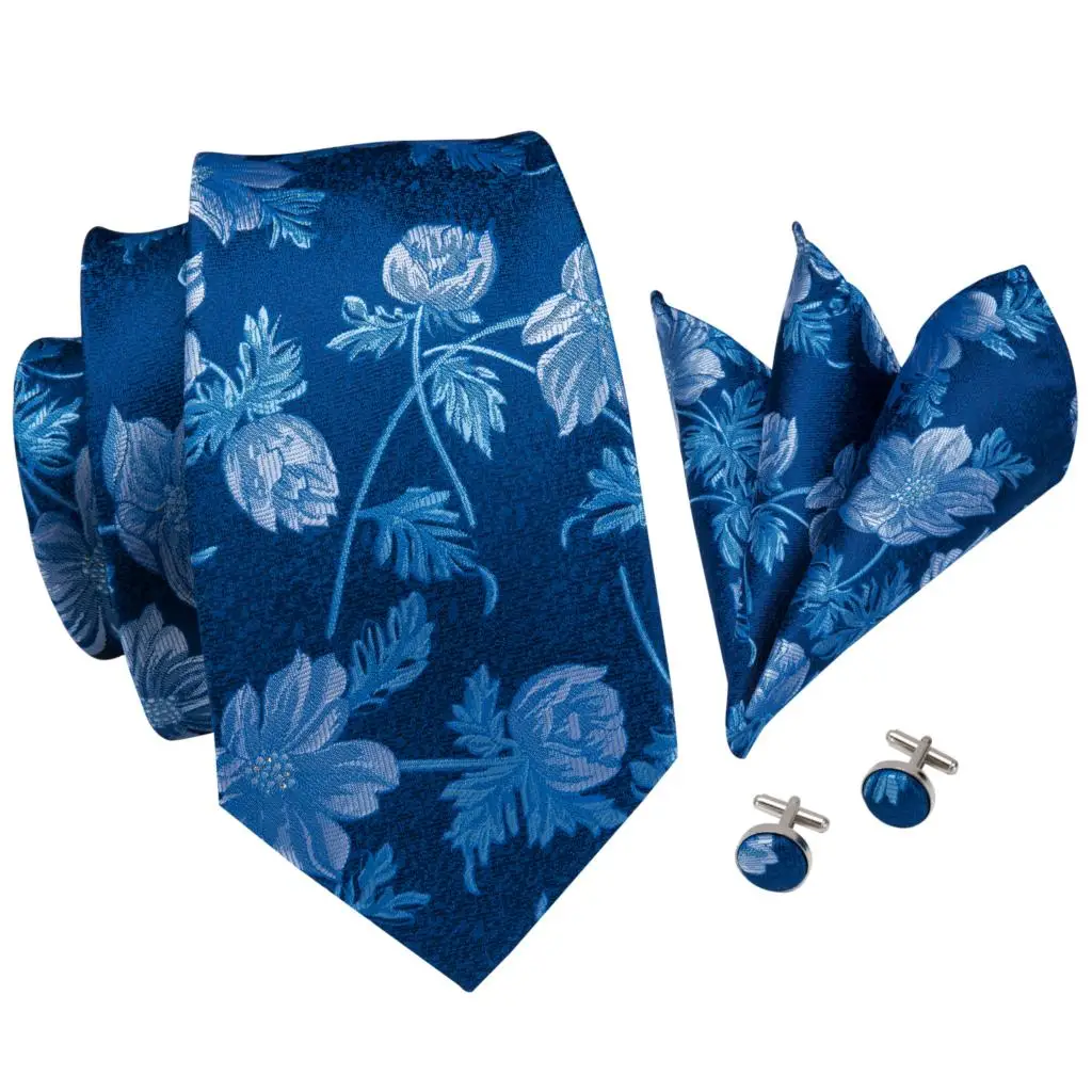SN-3239 галстук набор для мужчин Шелковый жаккард Синий Галстук Пейсли белый цветок набор галстуков Свадебный Вечерний Подарок мужской галстук