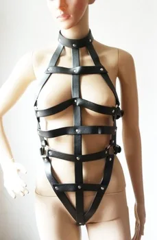 Sexy Womens PU Leather Strap Strappy Grid Body Harness Female Fetish Prisoner Bodysuit Wear Mistress Role Play Costume