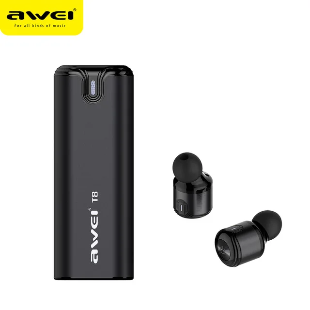 Awei T8 TWS настоящие Беспроводные спортивные Eearbuds наушники с 700 мАч Внешний аккумулятор Двойной микрофон 3D стерео наушники-вкладыши Handfree - Цвет: Black