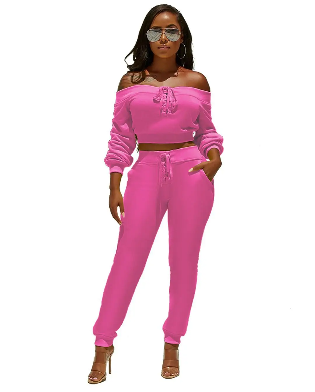 Women autumn lace up off shoulder slash neck sweathirts top pencil pants suit two piece set sporty tracksuit outfit GLYS298