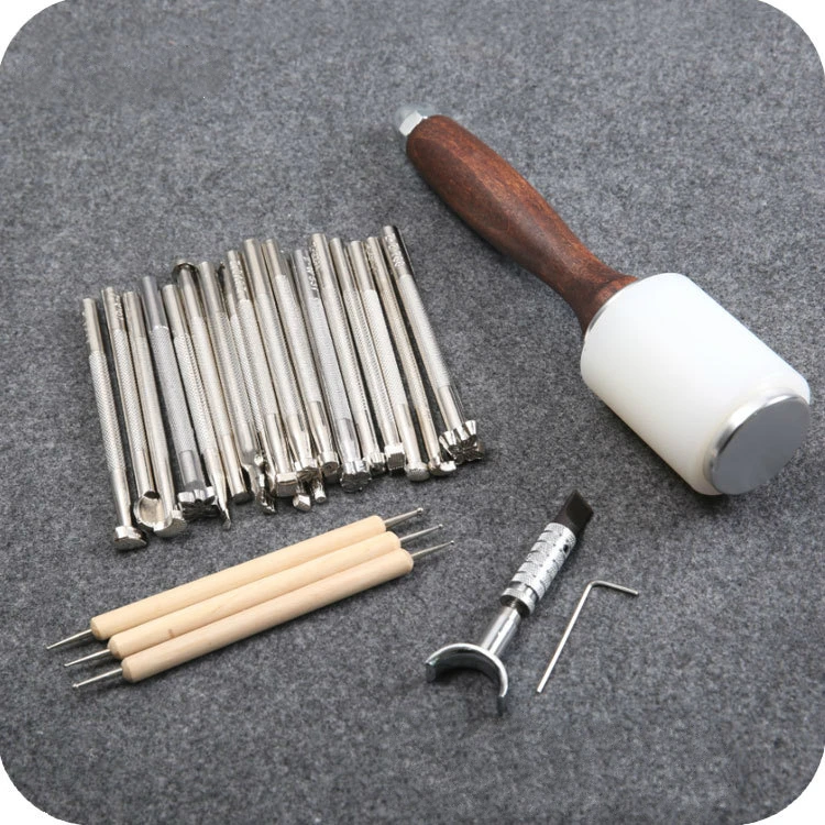 leather carving tool, 20PCS printing tools + Leather carving hammer + rotary engraving knife