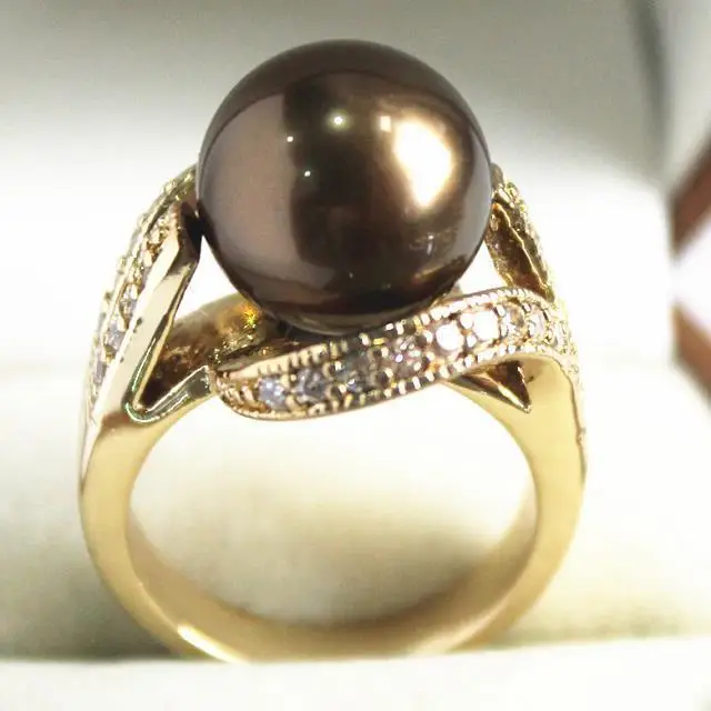 

FREE SHIPPING>>>@@ beautiful new jewelry 18KGP with crystal decorated &12mm brown shell pearl ring(#7.8.9)