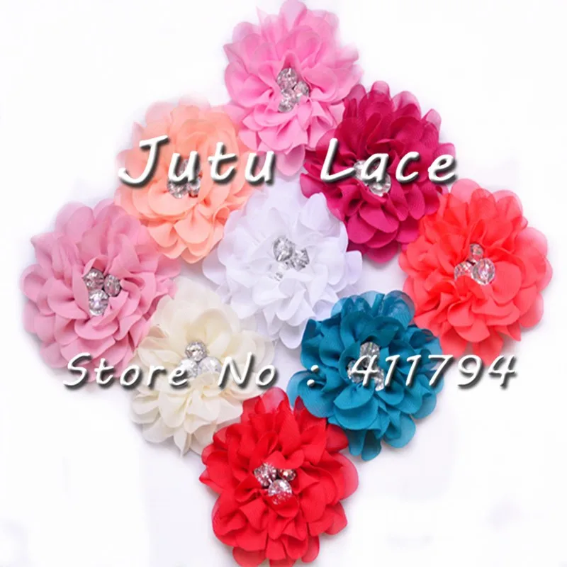 60 шт./лот, 3''shabby шифон цветы со стразами для одежды аксессуары для волос и головных уборов 25 цветов