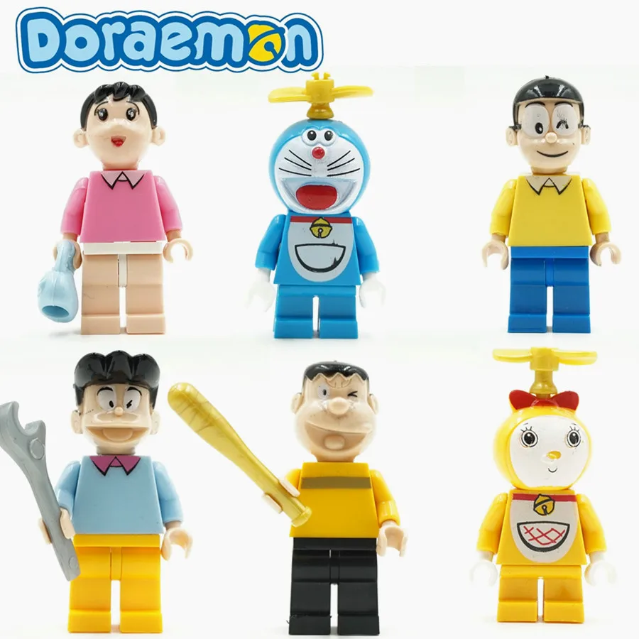 Koop 6 stks Doraemon Kat Japan Cartoon Movie nobi nobita Monteren Building Pop 3D Model Minifig Actiefiguren Bricks Blokken Speelgoed geschenken