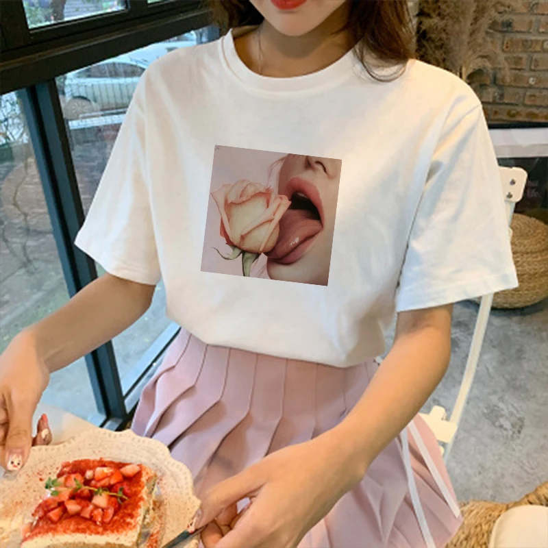 

Summer couple T-shirt women's casual white shirt love embroidery print T-shirt women clothes vegan top game size print clothing