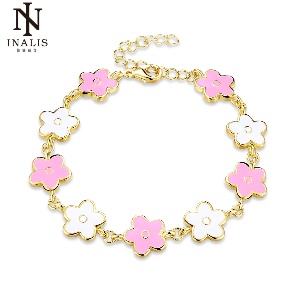 

INALIS Gold Pink Color Enamel Drop oil Flower Charm Bracelets for Women Girl Female Child Jewelry Gift Wholesale