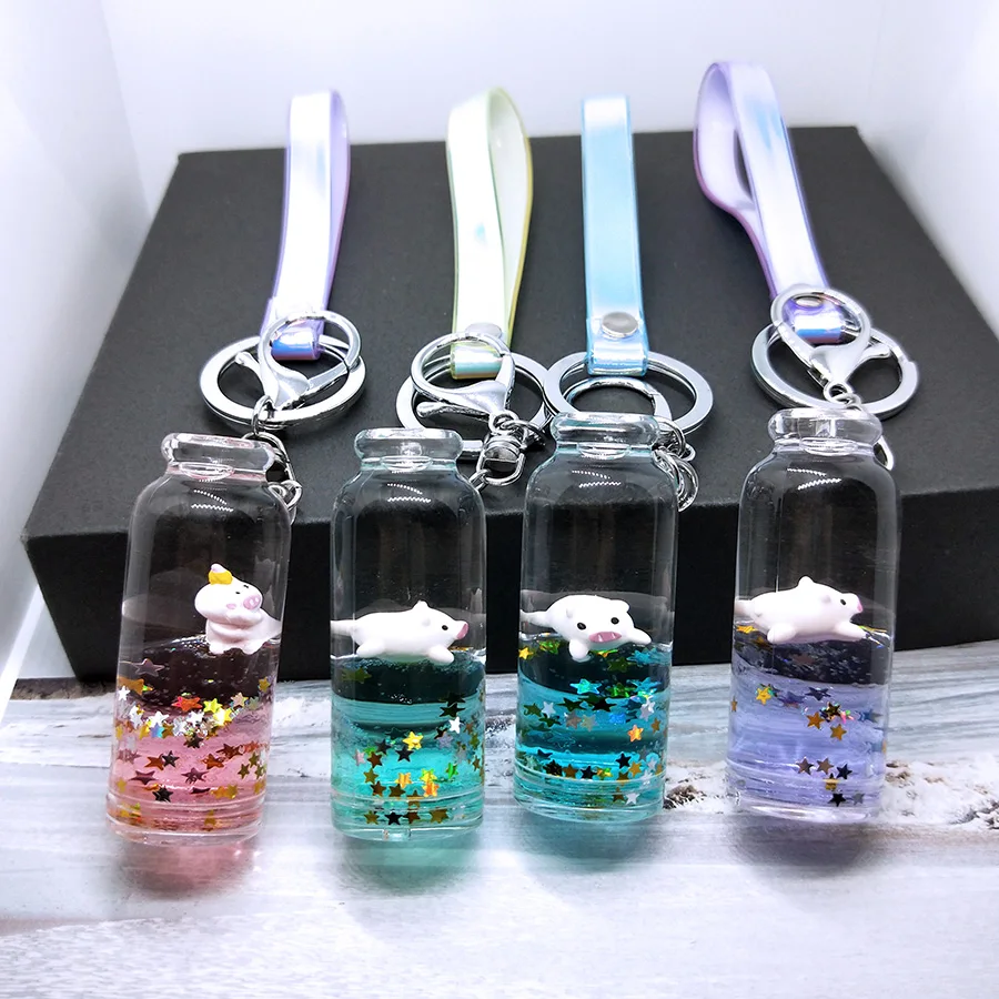 

2019 Macarons Wish Bottle Gift Jewelry Sequins Acrylic Keychain Move Quicksand Liquid oil DropDecompression Drift Bottle Keyring