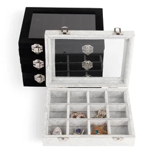 Venta al por mayor gris / negro Velvet hielo la joyería caja de almacenamiento con tapa de vidrio 12 rejilla para anillo del pendiente del collar colgante recién llegado