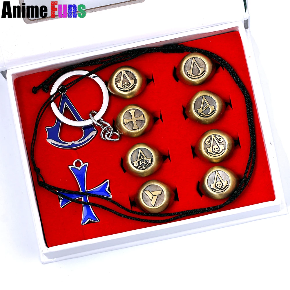

10pcs/set Game Assassin's Choker Adjustable Rings Boxed 3 Colors Keyring Keychain Charm DIY Jewelry Drop Shipping