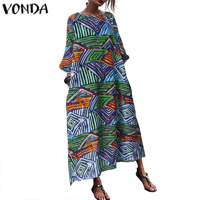 Летние Винтаж печатных платье VONDA пикантные с круглым вырезом короткий рукав пляжные платья макси Вечерние длинный халат женский сарафан плюс Размеры