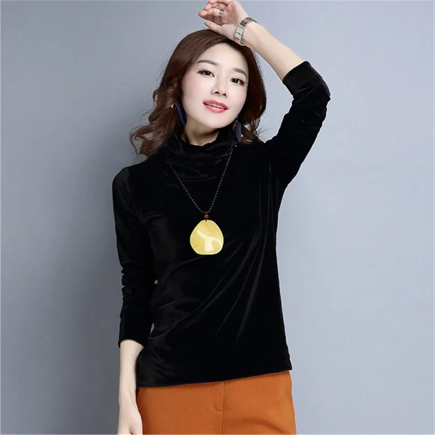 Gowyimmes Autumn Women Gold Velvet Shirt Sexy Women Turtleneck Blouse Lady Long Sleeve Blusas Basic Tops Pullover Bottomings 466 3