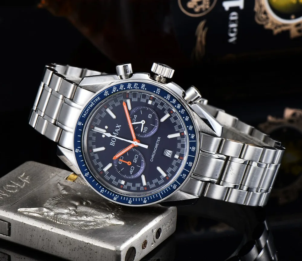 Мужские часы Японский кварцевый хронограф 2019 Новый 40 мм браслет из нержавеющей стали Светящийся Ручной синий циферблат 03