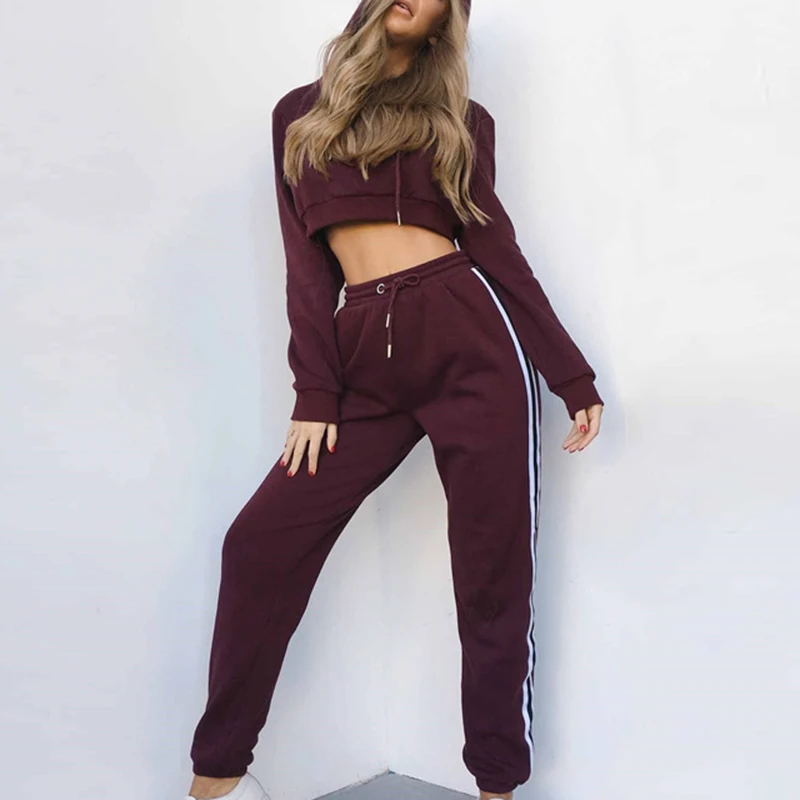 Women's Hooded Crop Tops Sweatshirt Long Pants Trousers Casual Clothing Suit New