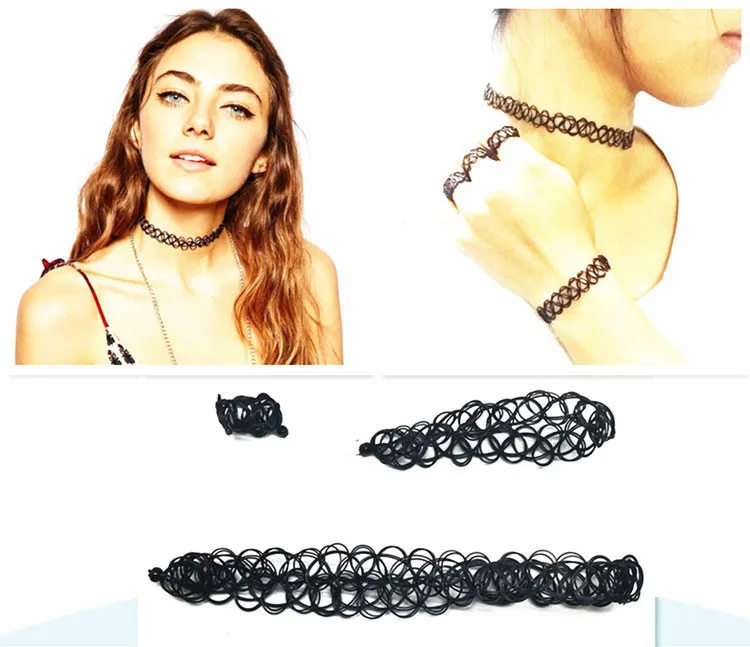Classic Stretch Tattoo Choker Necklace Cheap High Quality Retro Geometric Elastic Adjustable Women Chokers Neckless Bracelet Set (10)