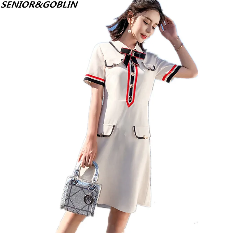 

2019 High Quality Fashion Designer Runway Dress Summer Women's Short Sleeve Luxury Bow Slim Office Lady Short Dress