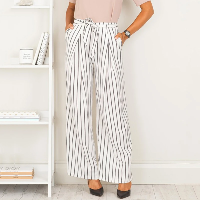 Women's high waist striped belt harem pants elastic waist wide leg long pencil trousers with side pockets Women's high waist striped belt harem pants elastic waist wide leg long pencil trousers with side pockets