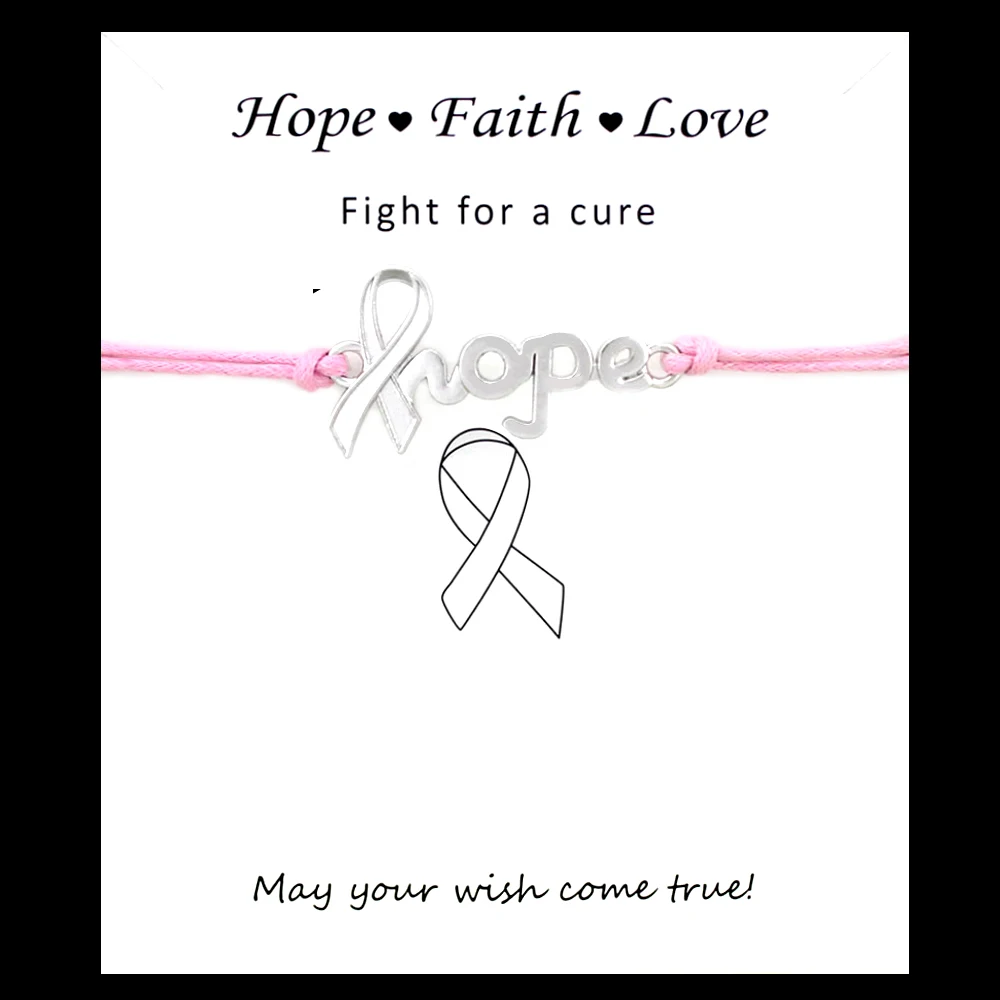 

Fighter Breast Cancer Awareness Pink Ribbon Bracelets Hope Faith Love Antique Silver Charm Bracelets Women Men Handmade Jewelry