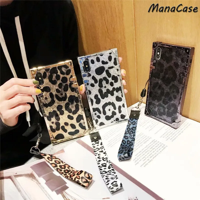 

Lxuruy Fashion High grade Glitter Leopard Square Phone Case For iPhone X XS MAX XR 6 6s 7 8 Plus For Plating Back Cover Cases