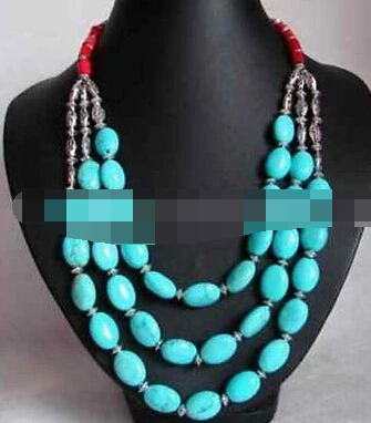 

1097 lady tibetan silver three rows Turquoise & red coral Necklace