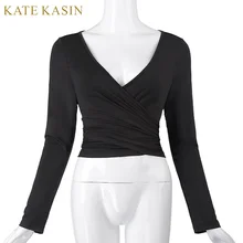 Kate Kasin Women Crop Top 2017 Long Sleeve Sexy V-Neck Crop Tops Designer Cross Wrap Black Shirt Cheap China Clothes