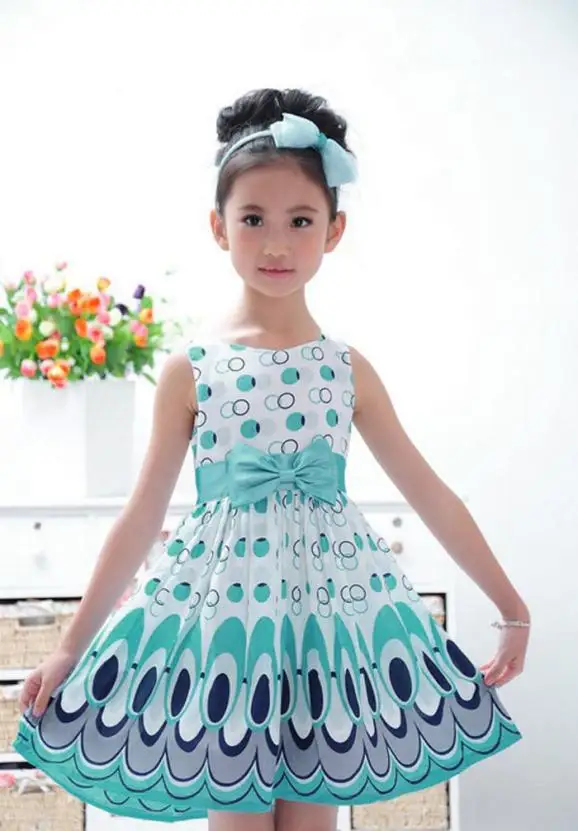 

Kids Girls Bow Belt Sleeveless Bubble Peacock Dress Party Clothing RE23