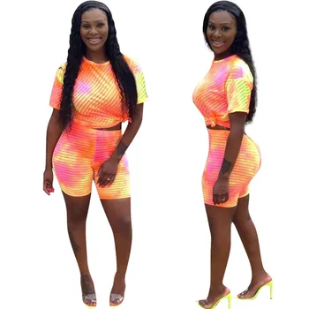 

Street Style Casual Print O Neck Short Sleeve Tops With Shorts Women Casual Sport Suits Women Set
