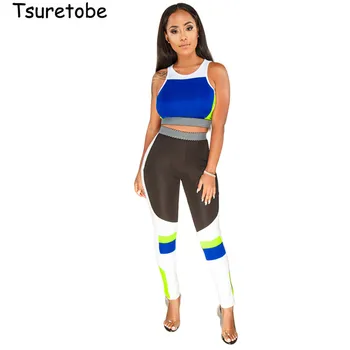 

Tsuretobe Casual Elastic Two Piece Set Women Color Patchwork Vest And Bodycon Pants Comfortable Slim Two Piece Outfits Female