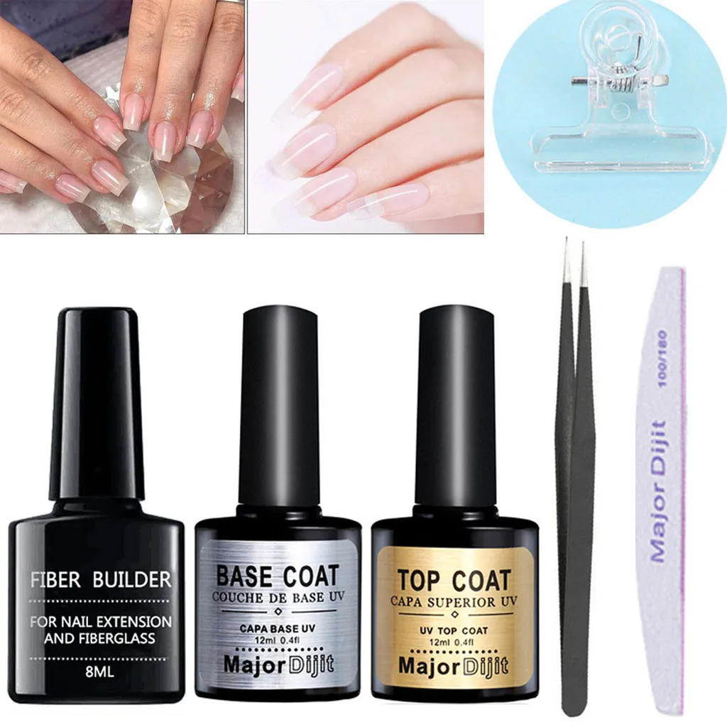 

8ml Fiber Builder Gel 2 pcs Base Coat Top Coat 10Pcs Nail Fiber Glass Nail Clip Kit Nail Extension UV Lamp Varnish Poly Gel #b
