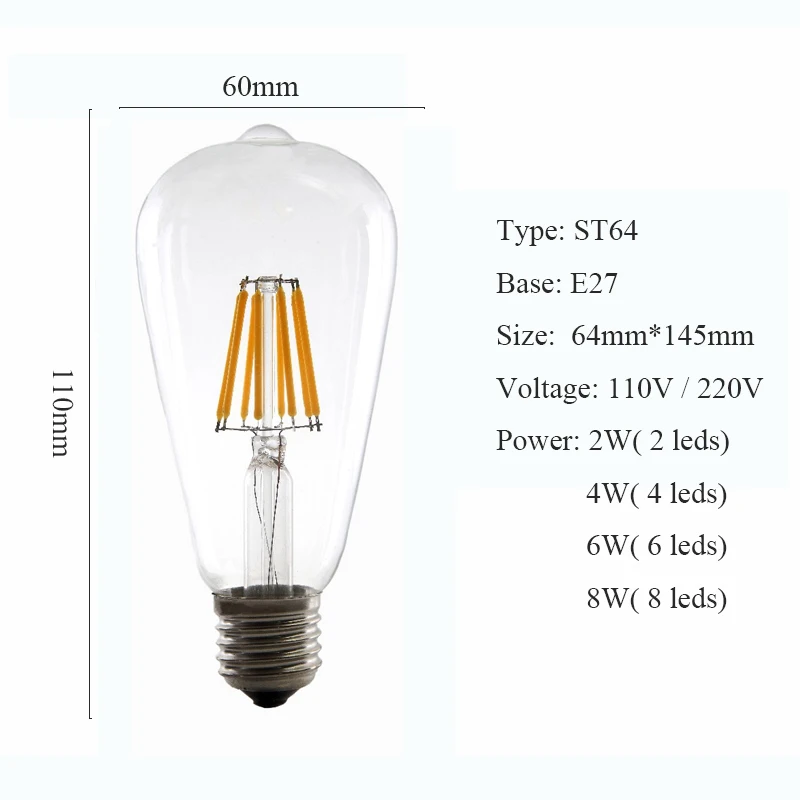 Ретро светодиодный светильник с регулируемой яркостью ST64 E27 220 В 2 Вт 4 Вт 6 Вт 8 Вт лампа Эдисона энергосберегающая лампа для подвесных светильников настенная лампа и т. Д