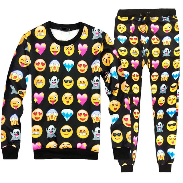 Harajuku 3D tracksuits print cartoon emoji suits sweat shirts + pants 2