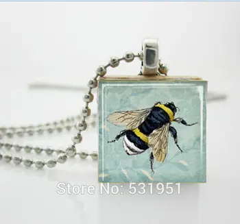 Wholesale Scrabble Jewelry Honey Bee Necklace Bumblebee on Blue Floral Background Scrabble Tile Pendant -womens wooden necklaces