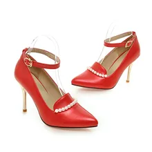 Ankle Strap Beading Pearls Ladies Shoes Iron Heels Sexy Bridal Shoes Red Bottom Pointed Toes Wedding Shoes White/Red 7108