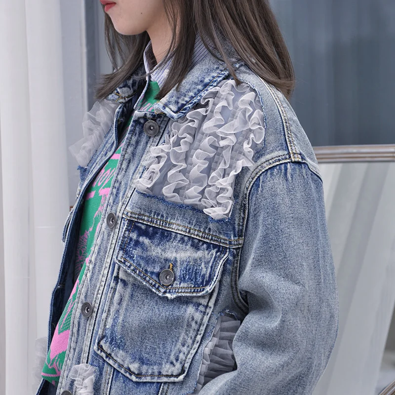 WHITNEY WANG весна осень мода уличная гофрированный с сеткой Лоскутная джинсовая куртка женская джинсовая куртка