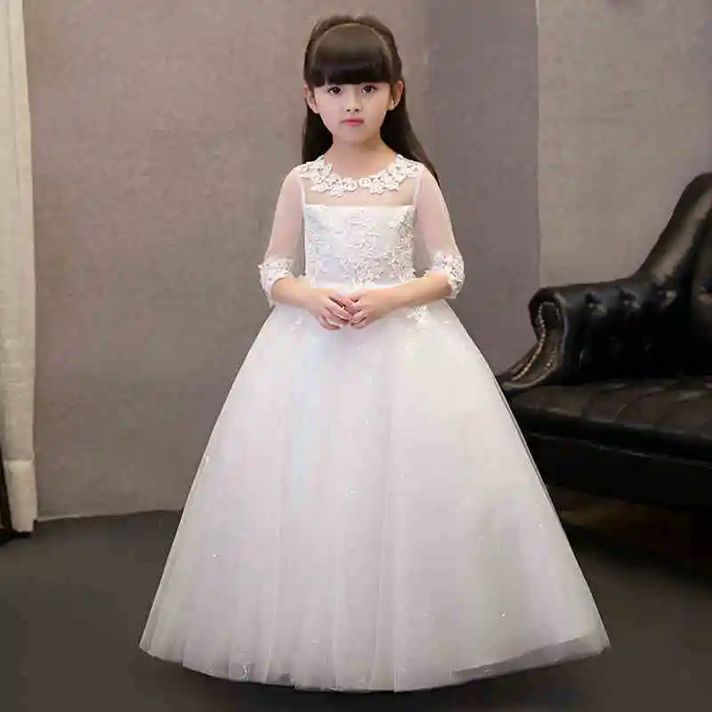

2018 Sequin Lace Tulle Flower Girl Dress Ankle Length Princess Ball Gown Party Wedding Dress Girls First Communion Dresses
