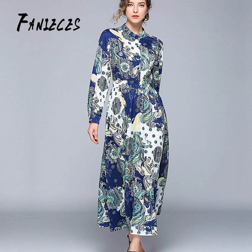 

2019 Women Runway Vestidos largos Summer Floral Maxi A-Line Dresses Shirt Print Vintage Pleated Long Dress robe femme Plus Size