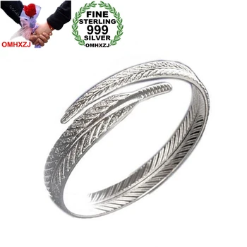 

OMHXZJ Wholesale Retro Fashion Sweet Woman Girl Gift Angel Feather 999 Sterling Silver Cuff Bracelet Bangle Open Adjustable SZ80