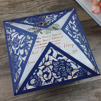 

100 Pcs White Wedding Cards Laser Cut,Paper Invitation Card Birthday Party,Black Blue Color + Personalized Printing/Envelope