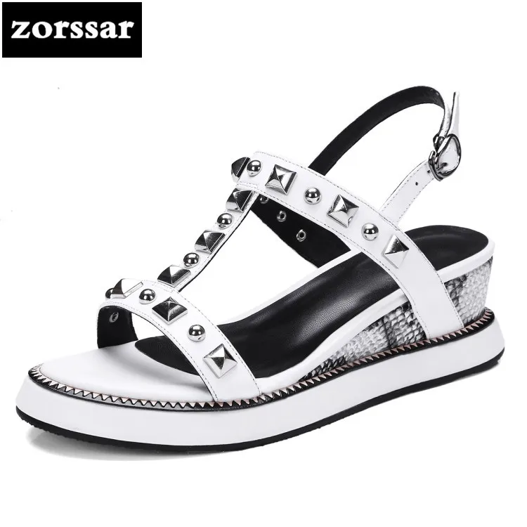 

{Zorssar} Fashion rivets Women Sandals Wedges casual 2019 Genuine Leather Rome sandals Open toe beach shoes summer womens shoes