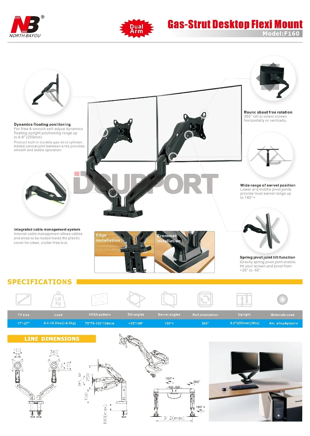 NB F160 газовая пружина 360 градусов настольный 1"-27" двойной монитор держатель Arm полное движение тв крепление
