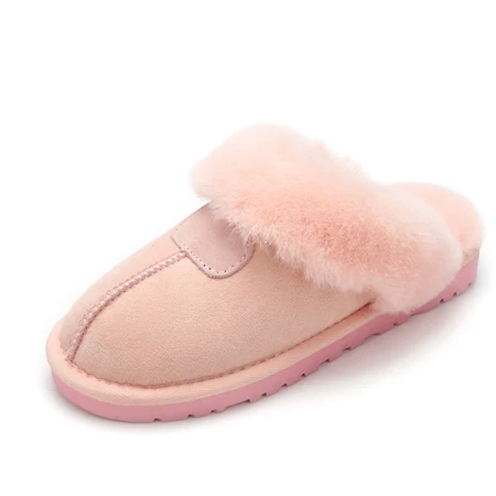 LAIJIANJINXIA/женская домашняя обувь из натуральной овечьей кожи с меховой подкладкой; зимние домашние тапочки; тапочки до середины икры; цвет коричневый; размеры 34-39 - Цвет: Розовый